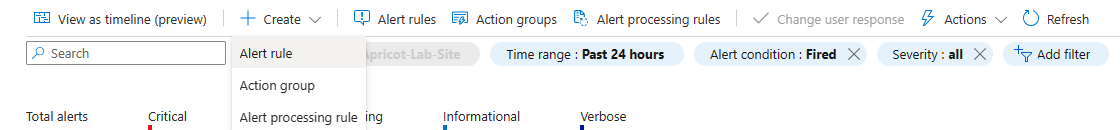 Captura de pantalla de Azure Portal que muestra el menú de alertas con el menú desplegable crear abierto.