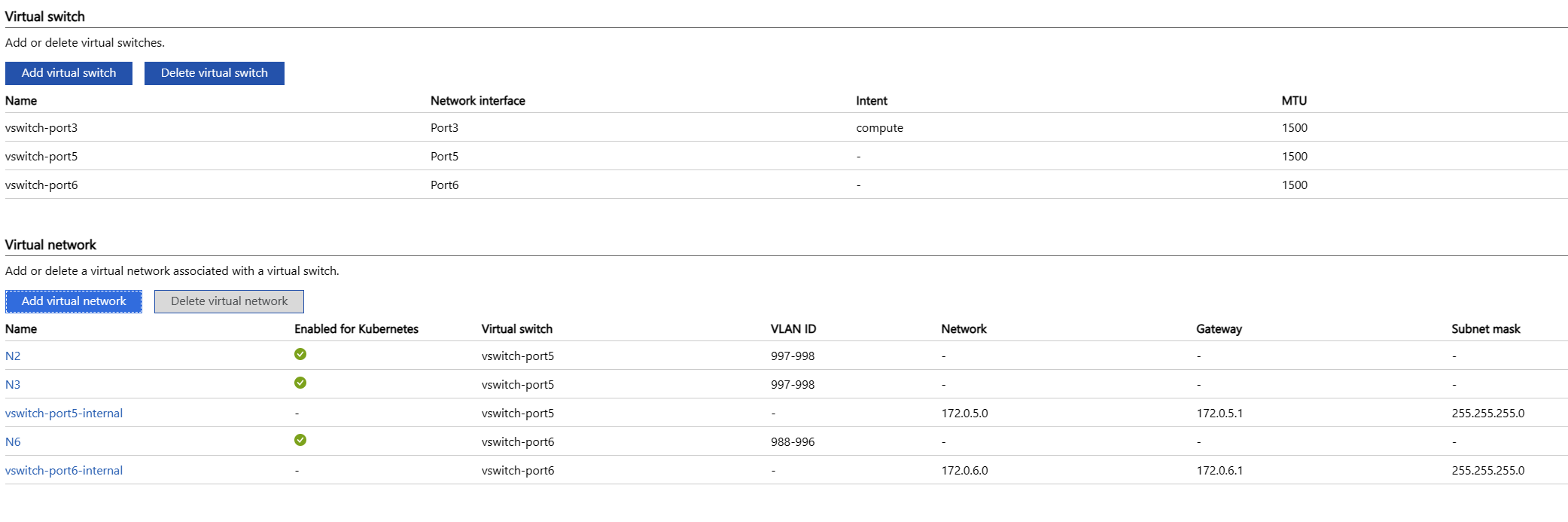 Captura de pantalla que muestra Kubernetes (versión preliminar) con dos tablas. La primera tabla se denomina Conmutador virtual de proceso y la segunda Red virtual. Un tic verde muestra que las redes virtuales están habilitadas para Kubernetes.