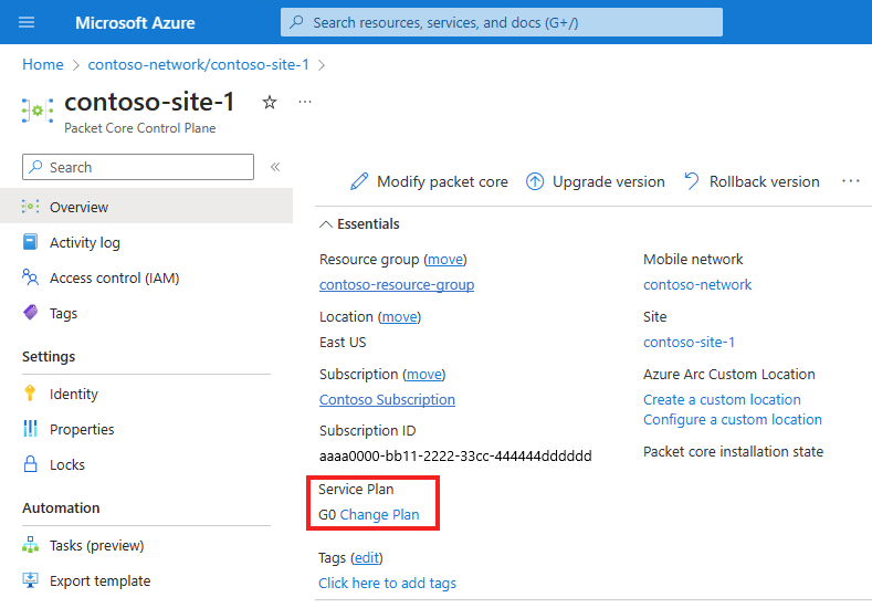 Screenshot of the Azure portal showing a packet core control plane resource. The Service Plan field is highlighted.