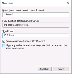 Figura 1A: Definición de la entrada DNS del nombre virtual del clúster de ASCS/SCS de SAP y la dirección TCP/IP