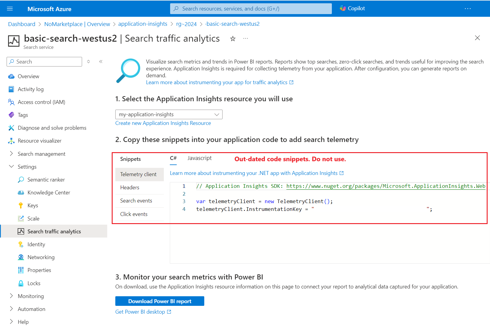 Recorte de pantalla del comando y la página de Azure Portal para configurar Application Insights.