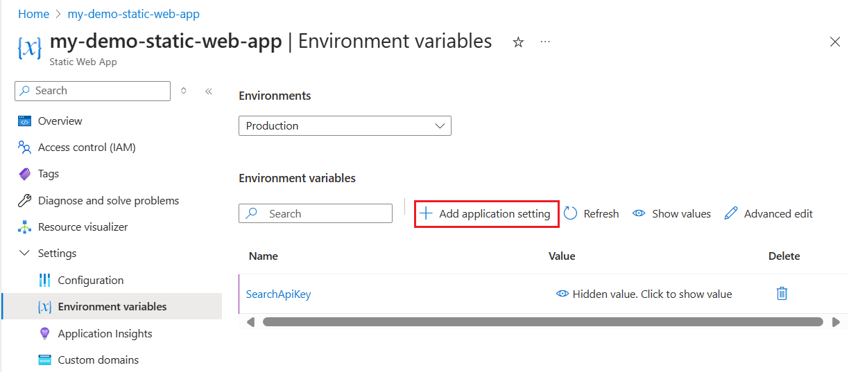 Captura de pantalla de la página de variables de entorno de la aplicación web estática en Azure Portal.