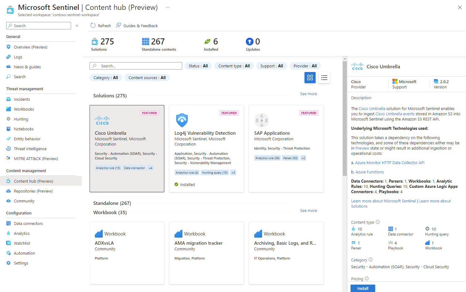 Captura de pantalla del centro de contenido de Microsoft Sentinel en Azure Portal.