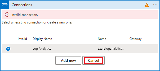 Captura de pantalla de una segunda configuración de conexión de Log Analytics no válida.