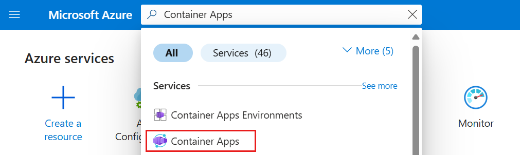 Captura de pantalla de Azure Portal con Container Apps seleccionado.