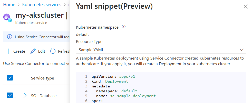 Captura de pantalla de Azure Portal en la que se muestra el fragmento de código YAML de ejemplo para crear una nueva conexión a una base de datos SQL en AKS.