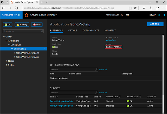 Captura de pantalla de la aplicación Voting en Service Fabric Explorer. En la pestaña Información esencial, la versión de la aplicación 