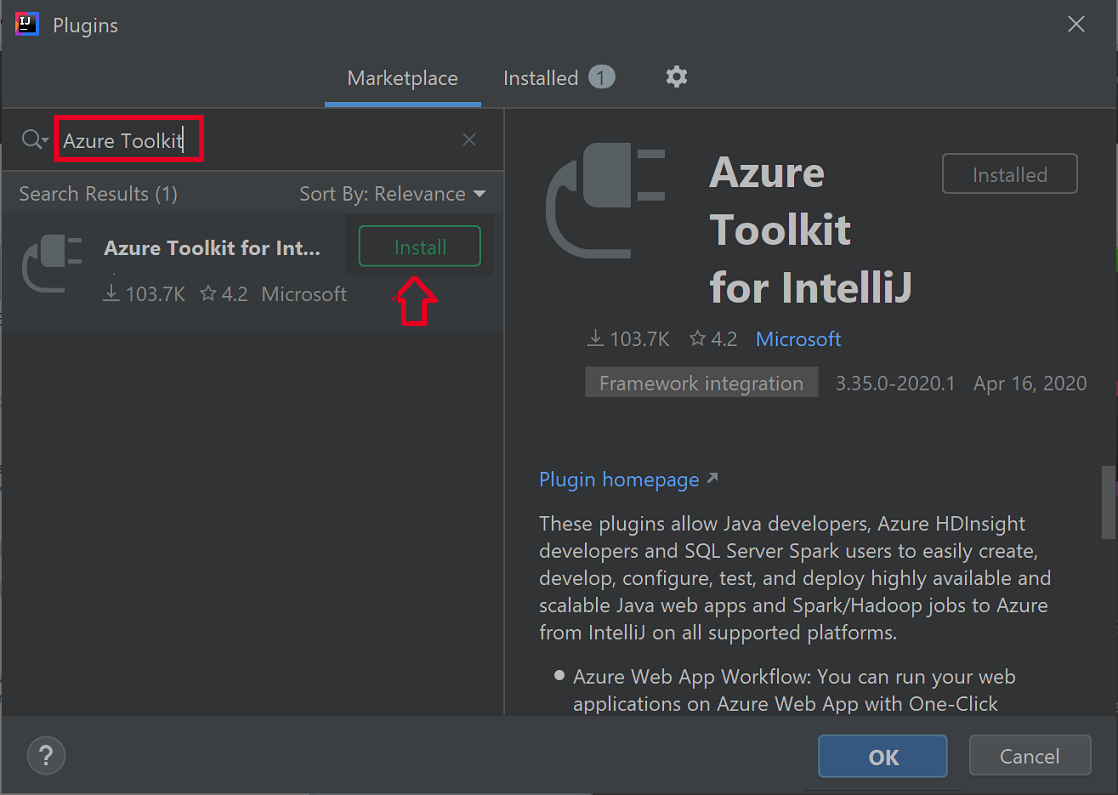 Captura de pantalla del cuadro de diálogo de complementos de IntelliJ IDEA con el botón Instalar resaltado.