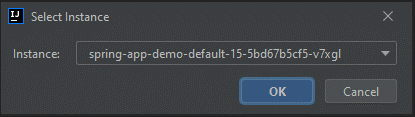 Captura de pantalla de IntelliJ IDEA mostrando el cuadro de diálogo Seleccionar instancia.