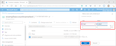 Screenshot showing how to update container metadata within the Azure portal.