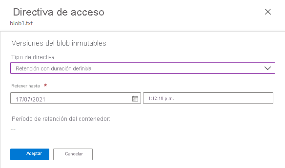 Captura de pantalla que muestra cómo configurar una directiva de retención para la versión actual de un blob