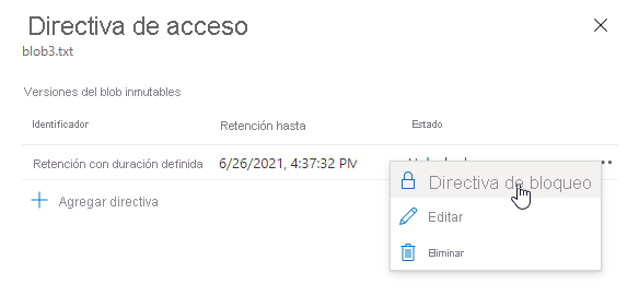 Captura de pantalla que muestra cómo bloquear una directiva de retención con duración definida en Azure Portal