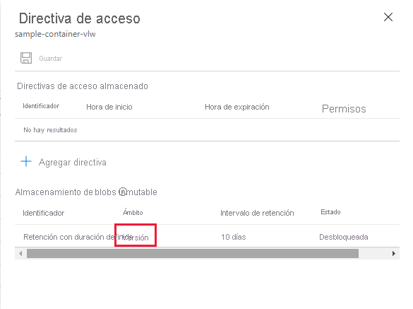 Captura de pantalla que muestra la directiva predeterminada de retención en el nivel de versión configurada para el contenedor