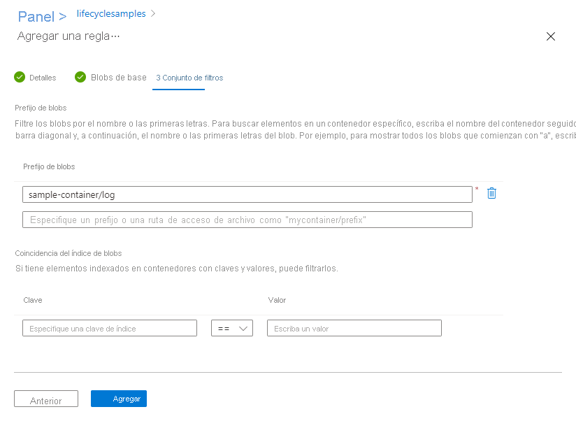 Página del conjunto de filtros de administración del ciclo de vida en Azure Portal