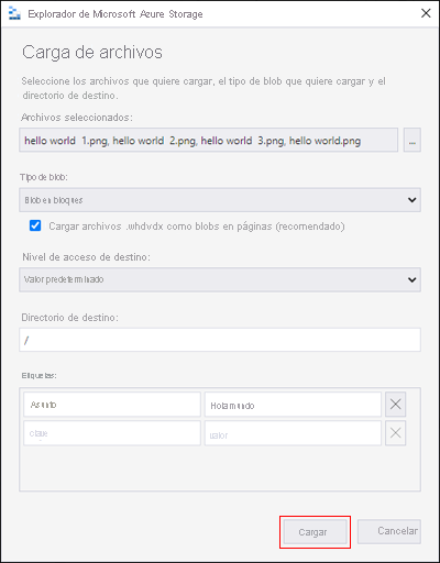 Explorador de Microsoft Azure Storage: Carga de un blob