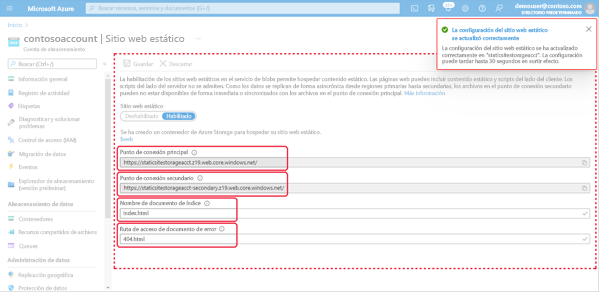 Imagen que muestra las propiedades de un sitio web estático dentro de Azure Portal