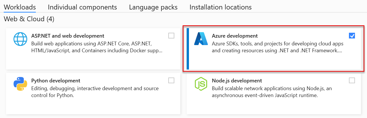 Captura de pantalla de la carga de trabajo desarrollo de Azure de Visual Studio (en Web & Cloud).