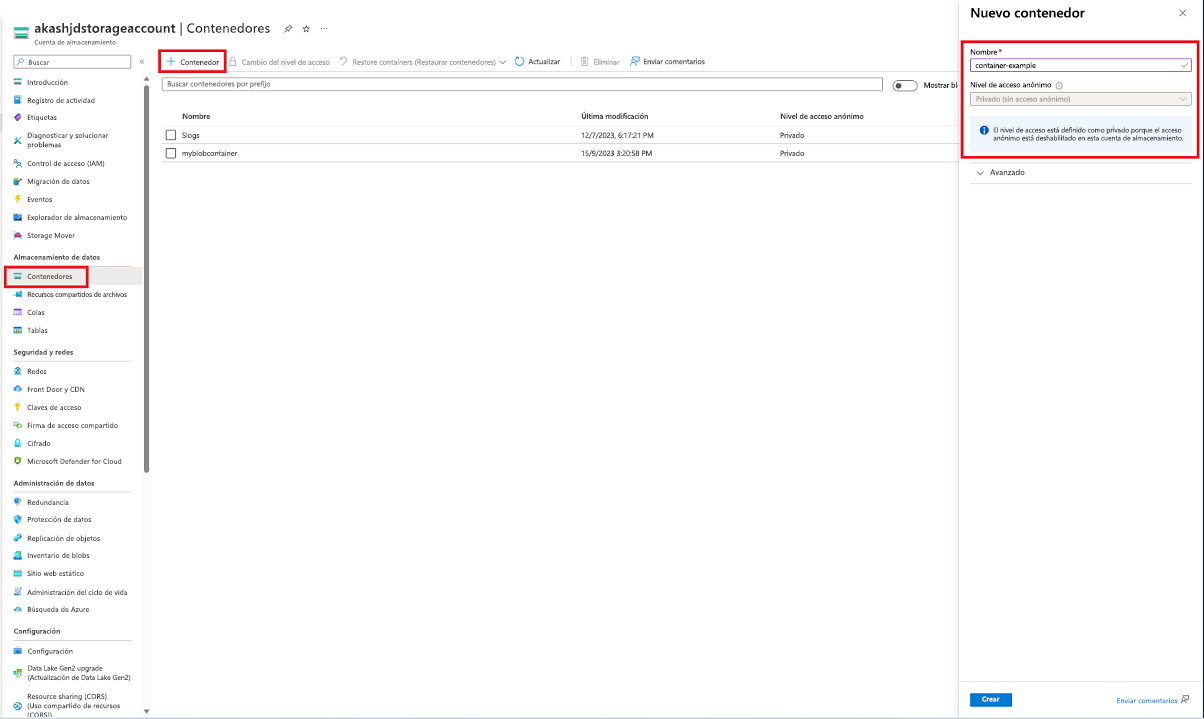 Screenshot showing how to create a container in the Azure portal