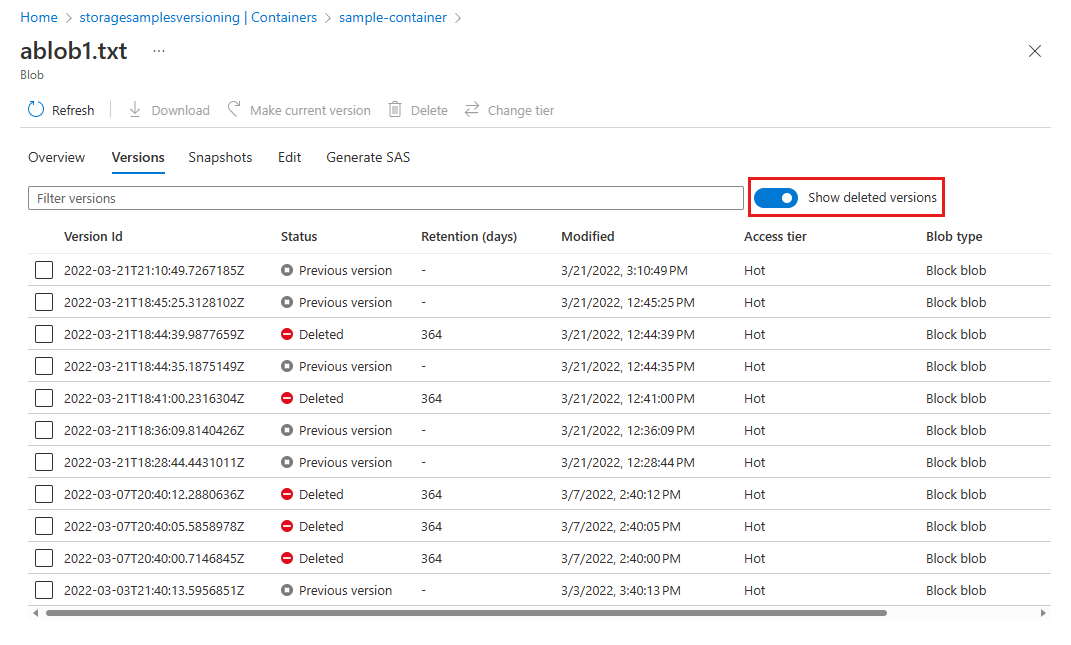 Captura de pantalla que muestra cómo enumerar las versiones eliminadas temporalmente en Azure Portal.