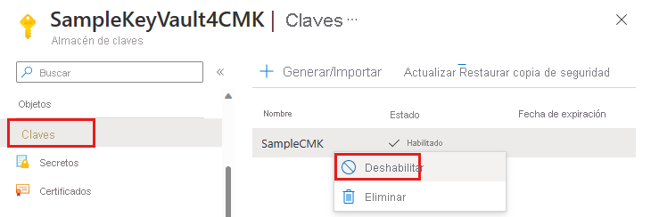 Captura de pantalla que muestra cómo deshabilitar una clave administrada por el cliente en el almacén de claves.