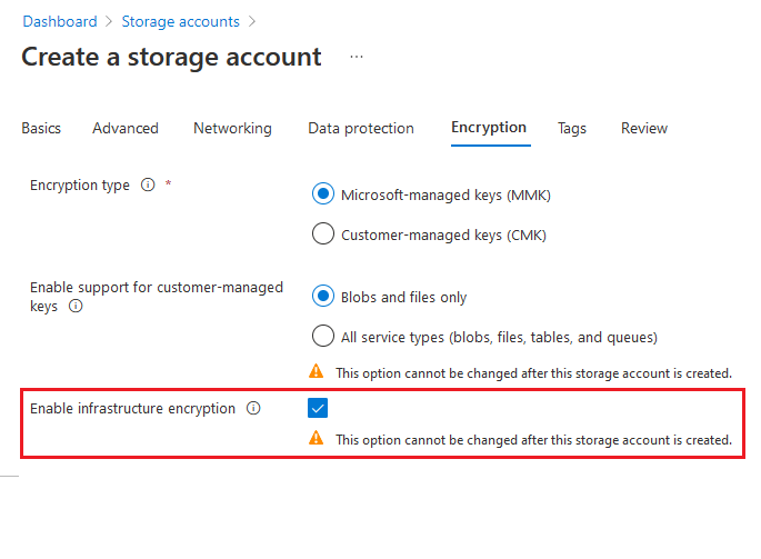 Captura de pantalla que muestra cómo habilitar el cifrado de infraestructura al crear la cuenta.