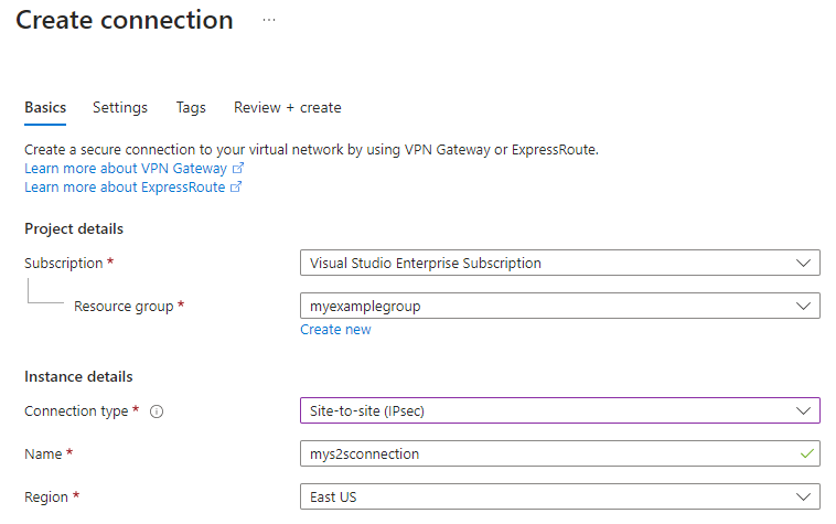 Captura de pantalla que muestra cómo crear una conexión VPN de sitio a sitio mediante Azure Portal.