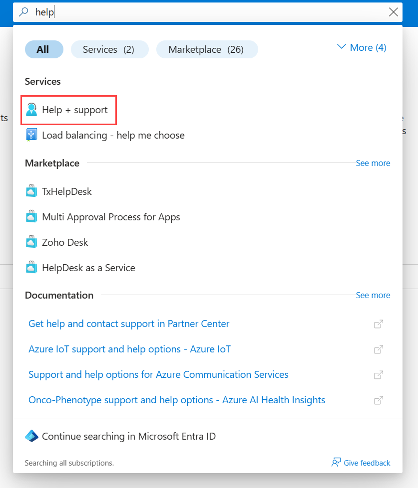 Captura de pantalla de la página Ayuda y soporte técnico en Azure Portal.