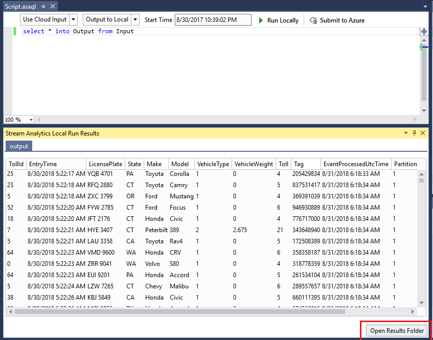 Carpeta de resultados abierta con datos en vivo de Azure Stream Analytics para Visual Studio