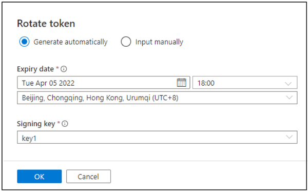 Captura de pantalla que muestra cómo obtener un nuevo token de firma de acceso compartido.