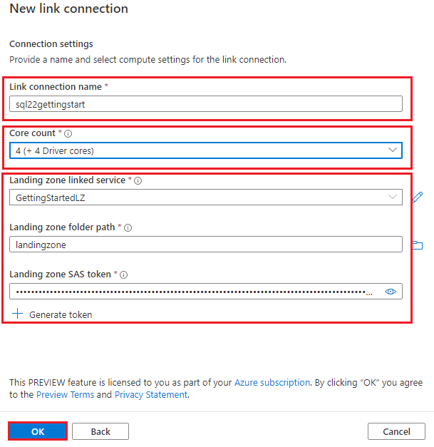 Captura de pantalla que muestra dónde especificar la configuración de conexión del vínculo.