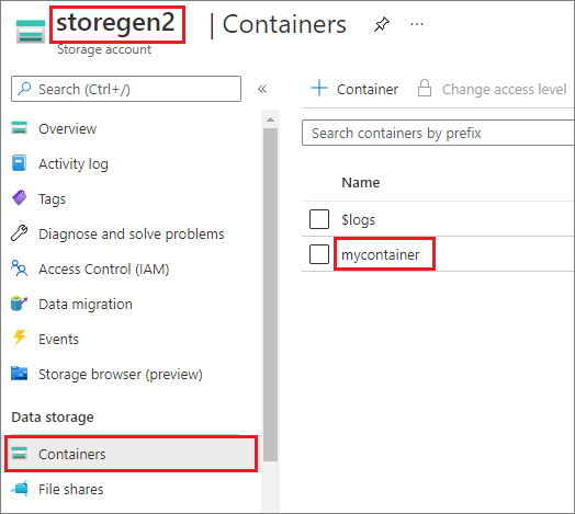 Captura de pantalla de una cuenta de almacenamiento de Data Lake Storage Gen2.