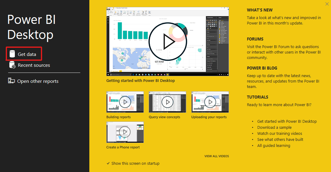 Abra la aplicación Power BI Desktop y seleccione Obtener datos.