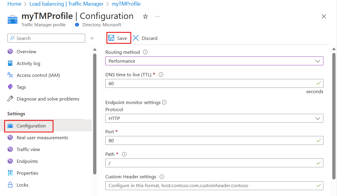 Captura de pantalla de la configuración de un perfil de Traffic Manager.