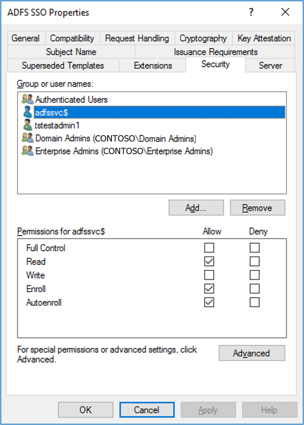 Captura de pantalla que muestra la pestaña de seguridad de la plantilla de certificado de SSO, una vez configurada correctamente.