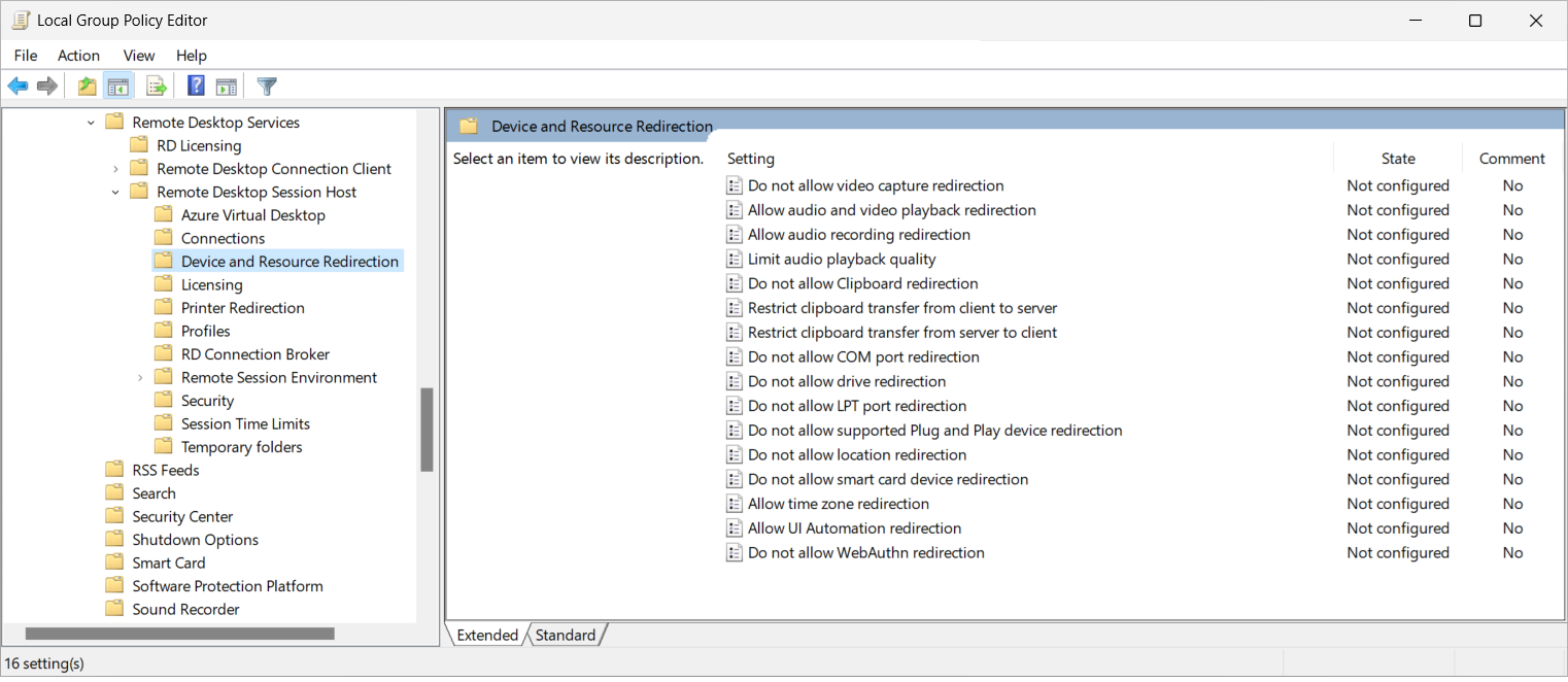 Recorte de pantalla que muestra las opciones de redireccionamiento de dispositivos y recursos en el editor de directiva de grupo.