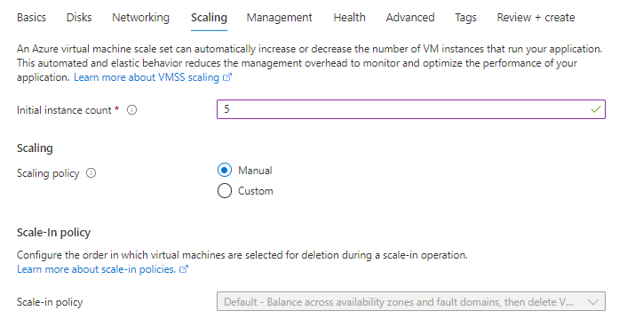 Captura de pantalla de la pestaña Escalado de Azure Portal durante el proceso de creación del conjunto de escalado de máquinas virtuales.