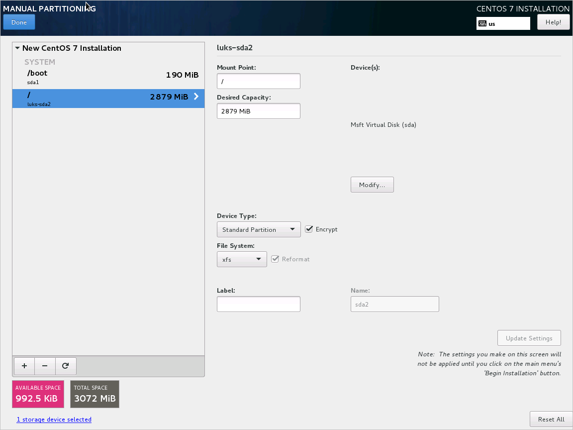 Configuración de CentOS 7: selección del cifrado para la partición raíz