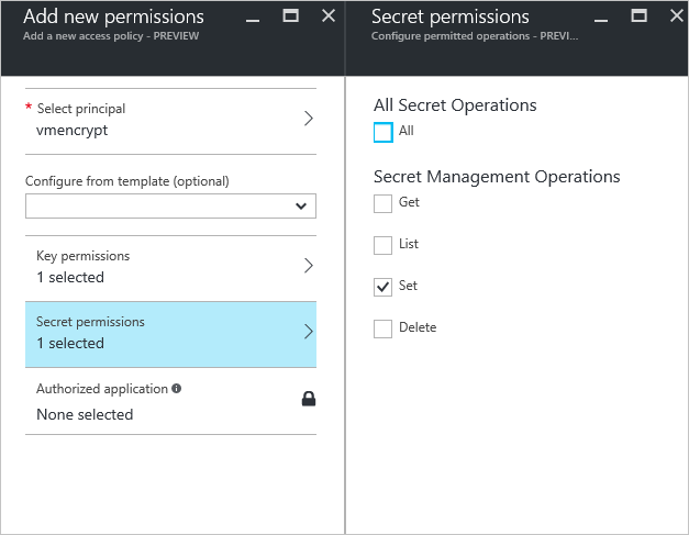 Permisos de secretos de Azure Key Vault: Establecer