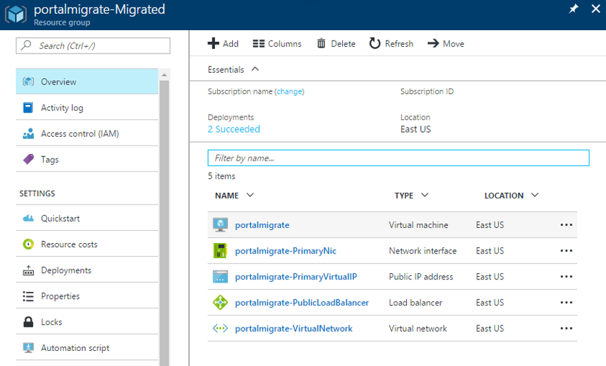 Captura de pantalla que muestra los recursos de Azure Resource Manager en la operación de preparación