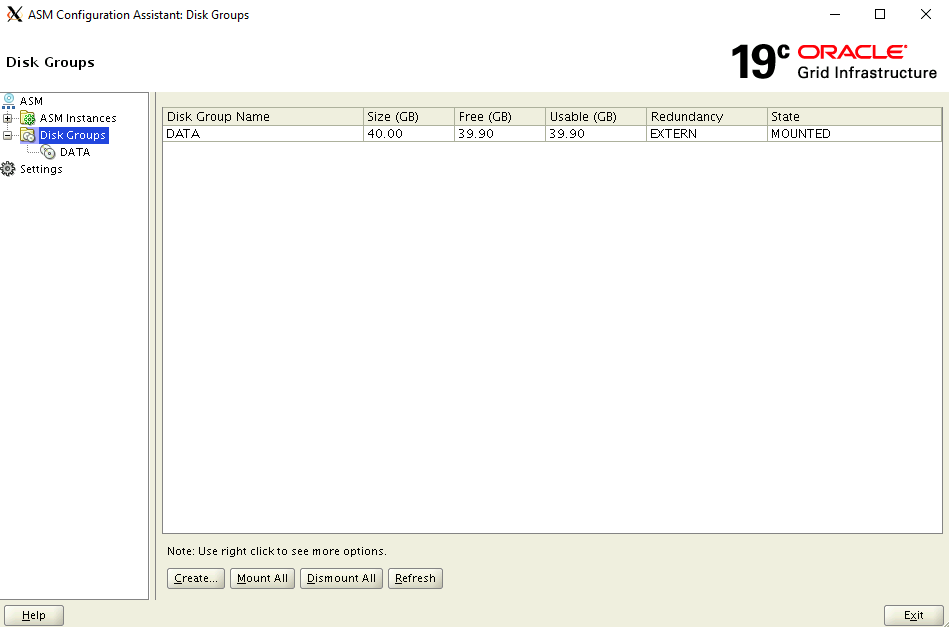 Captura de pantalla del asistente para la configuración de ASM de Oracle.