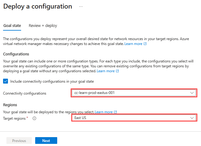 Captura de pantalla de la página Implementar una configuración.