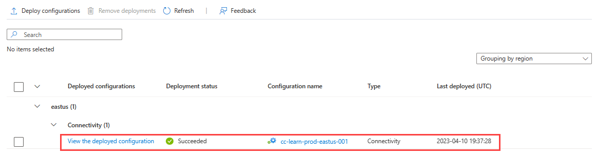 Captura de pantalla del estado de implementación de configuración en curso.