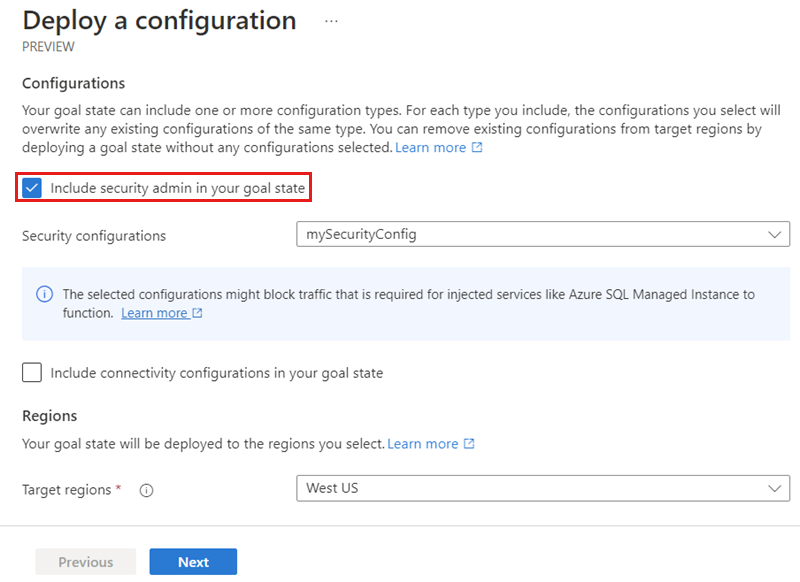 Captura de pantalla de la página de implementación de una configuración de seguridad.