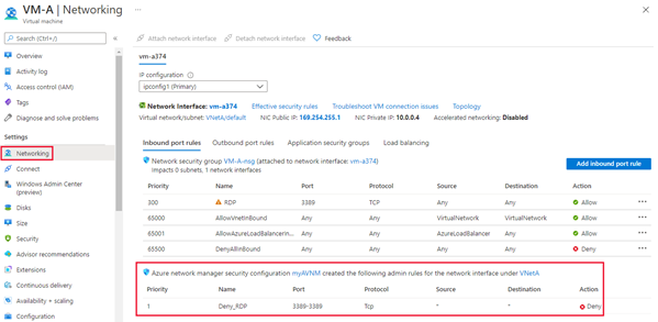 Captura de pantalla de las reglas de administración de seguridad en la configuración de red de la máquina virtual.