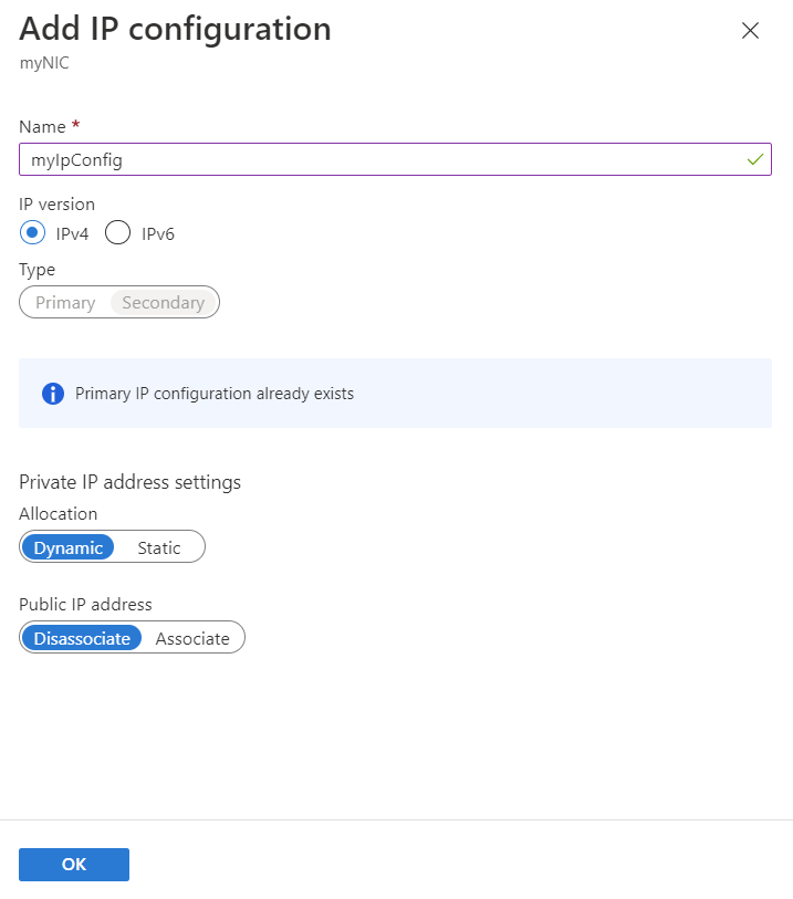 Captura de pantalla de la página Agregar configuración de IP en Azure Portal.