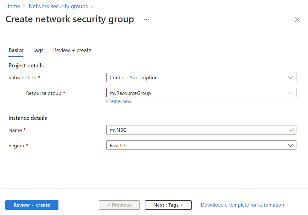 Recorte de pantalla que muestra la creación de un NSG en Azure Portal.