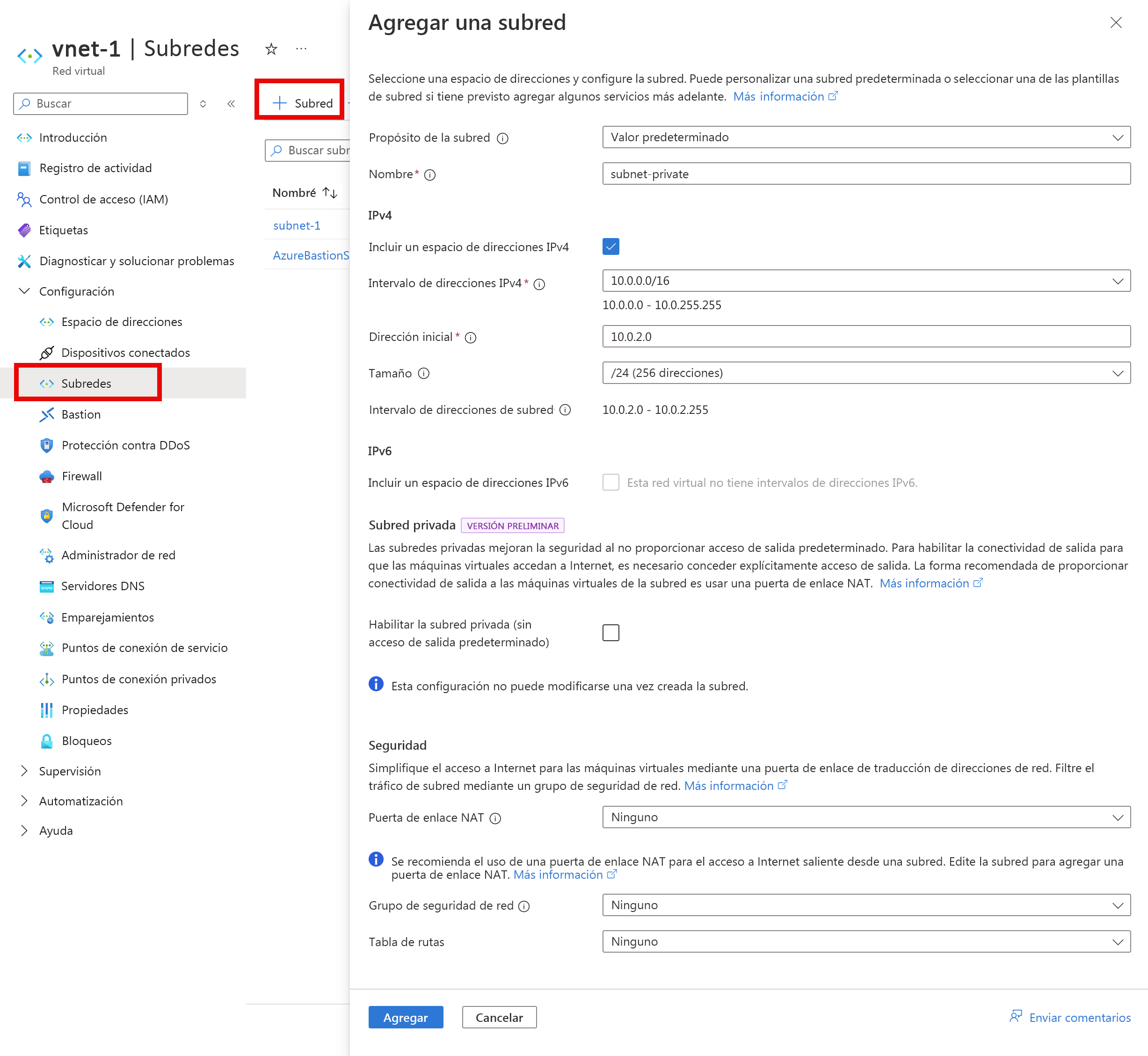Captura de pantalla de la creación de una subred privada en una red virtual.