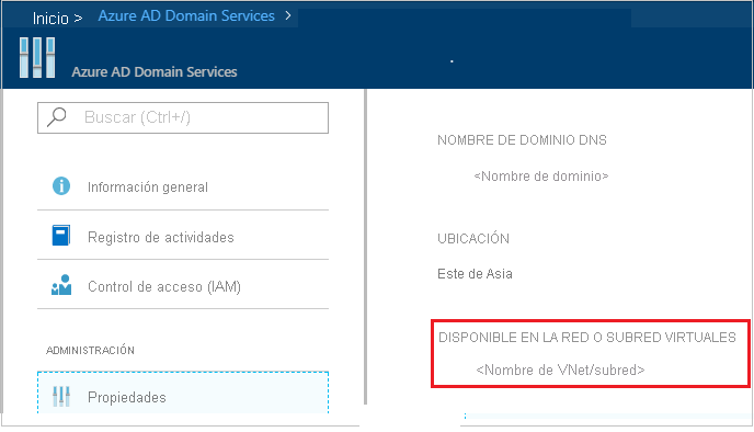 Recorte de pantalla de la página Microsoft Entra Domain Services en Azure Portal. El campo Disponible en la red o subred virtuales está resaltado.