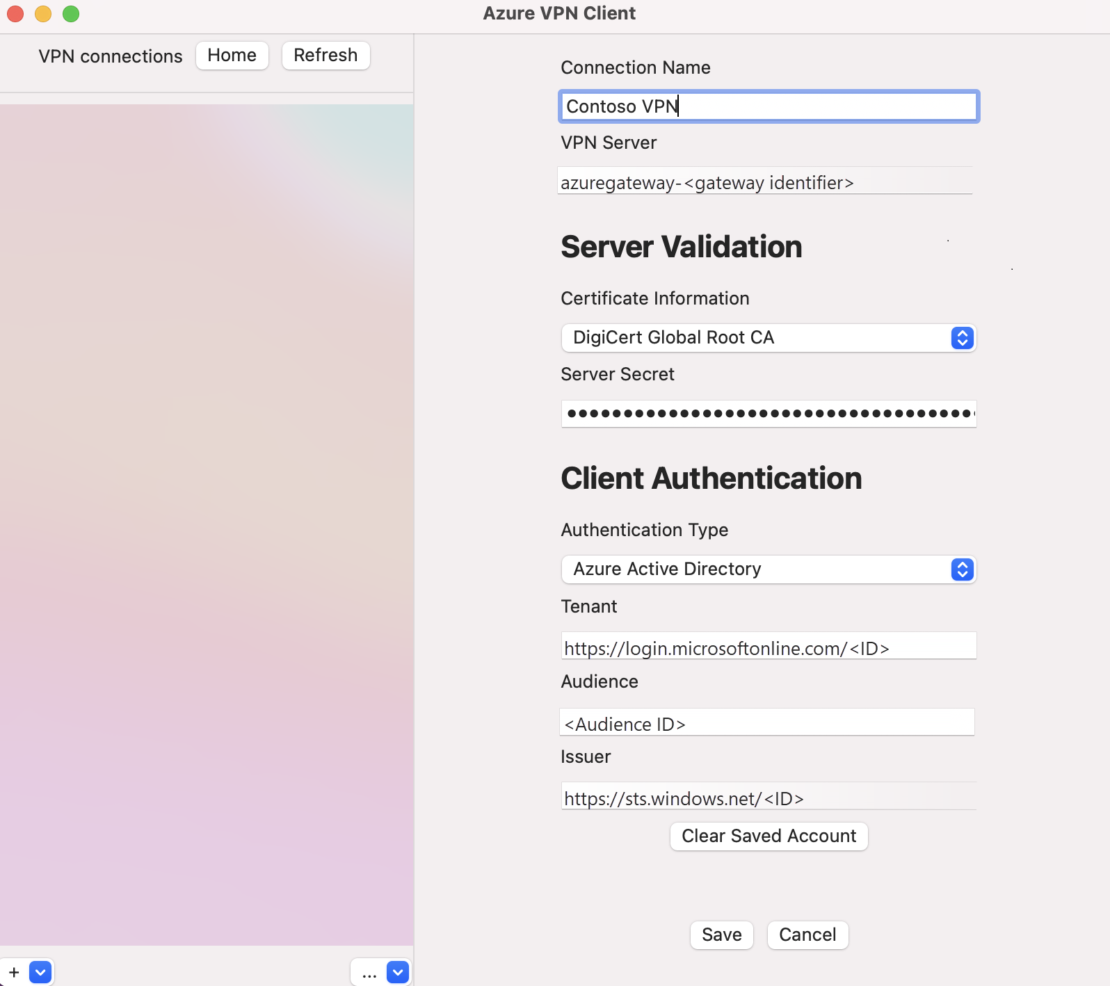 Captura de pantalla de la configuración del perfil de cliente VPN de Azure.