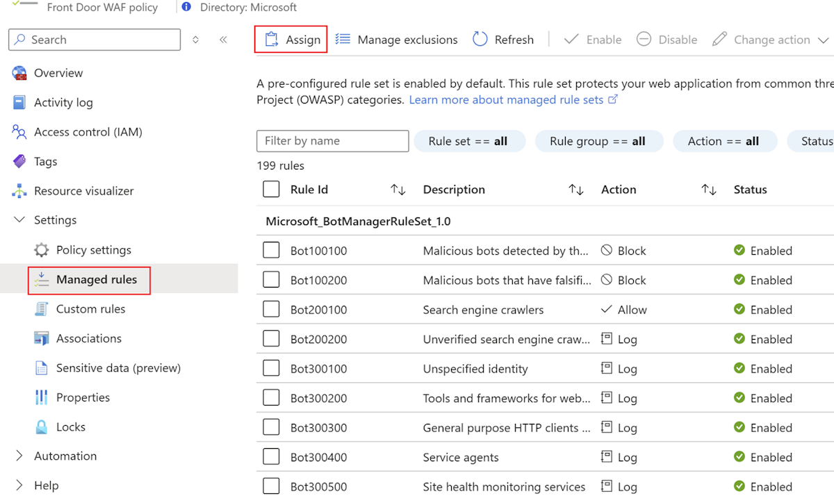 Captura de pantalla de Azure Portal que muestra la configuración de reglas administradas de la directiva WAF y el botón Asignar resaltado.